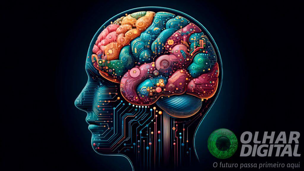 Ilustração detalhada do cérebro humano, destacando diferentes regiões e conexões neurais, com um estilo futurista e tecnológico. A imagem sugere a aplicação de inteligência artificial, com circuitos e padrões digitais integrados visualmente ao tecido cerebral