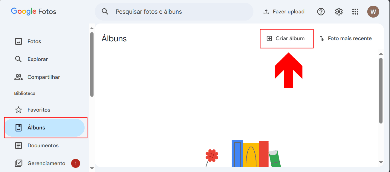 imagem ilustra onde criar um novo álbum no google fotos