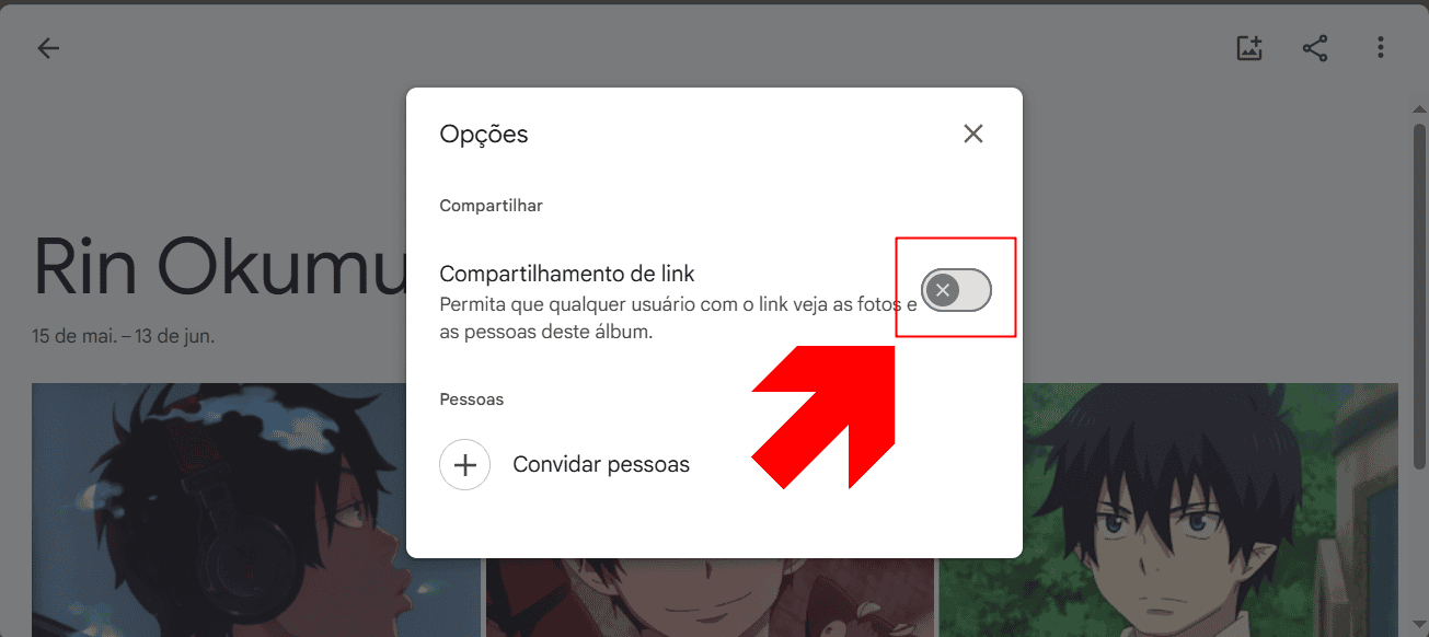 Imagem ilustra o botão de compartilhamento do álbum