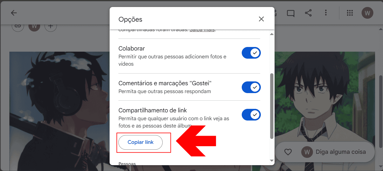 Imagem ilustra as permissões que demais usuários vão ter ao acesso o álbum que você criou