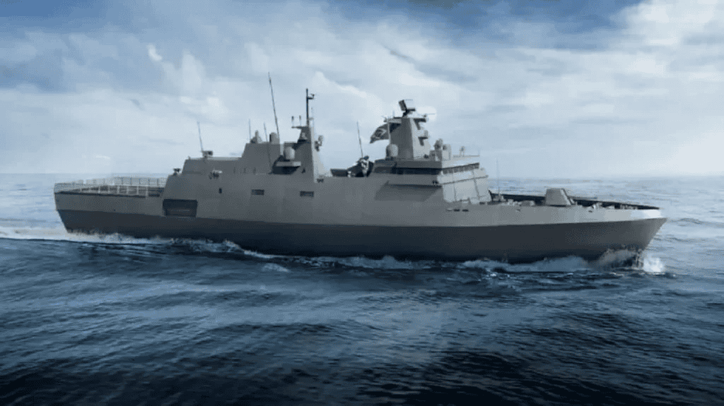 A imagem mostra o navio de guerra Fragata Tamandaré no mar, de lado
