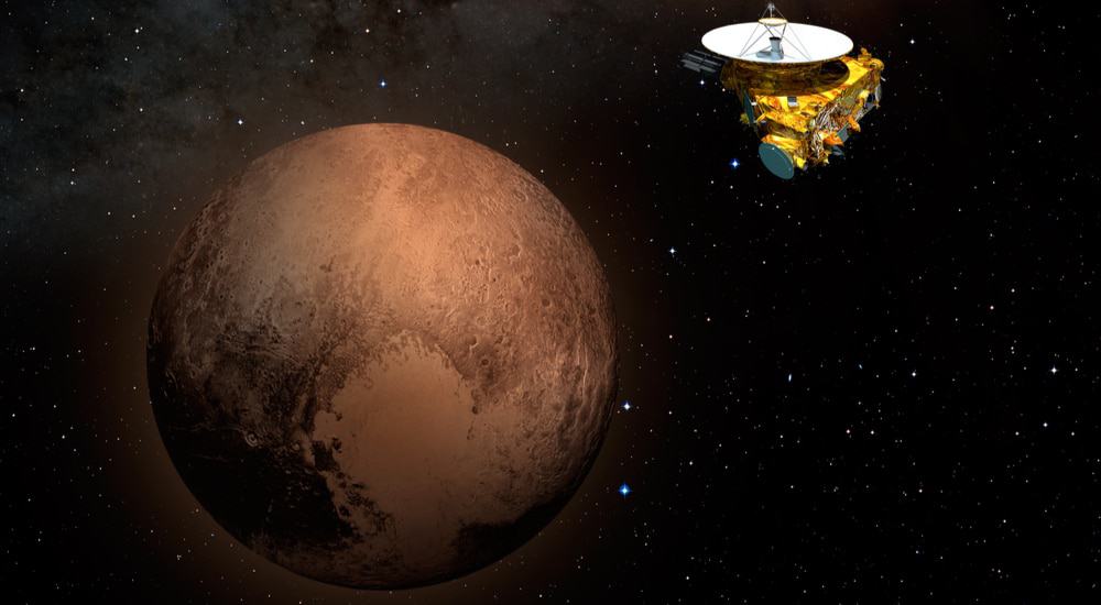 Simulação da sonda New Horizons se aproximando de Plutão