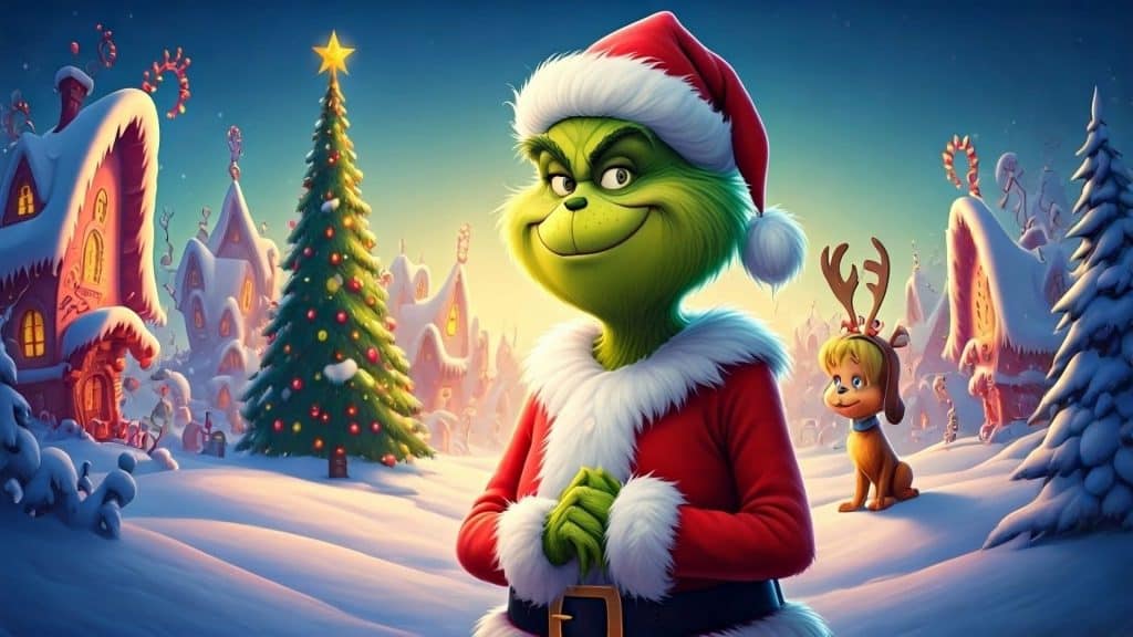 Grinch com seu icônico sorriso travesso. O Grinch é verde brilhante, com características exageradas, vestindo seu traje vermelho de Papai Noel com pelagem branca. Cercá-lo com elementos festivos de Natal: um cenário nevado.