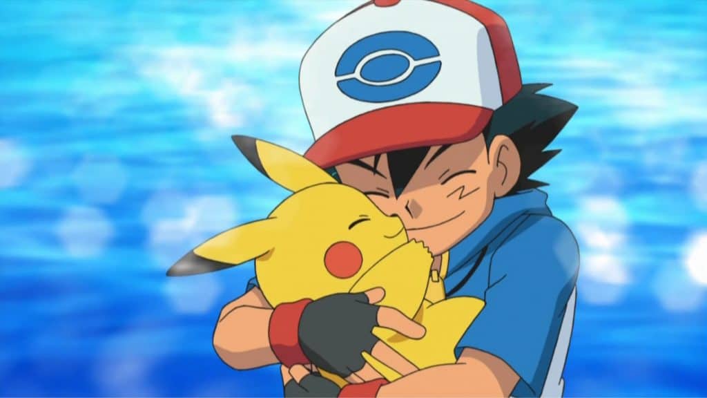 imagem do anime pokémon: ash abrançando pikachu