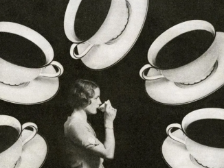 Ilustração de uma mulher bebendo café cercada de xícaras