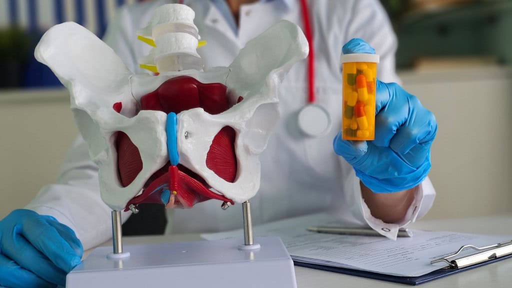 Modelo de pelve feminina com comprimidos nas mãos de um ginecologista. Tratamento de doenças inflamatórias dos órgãos pélvicos em mulheres.
