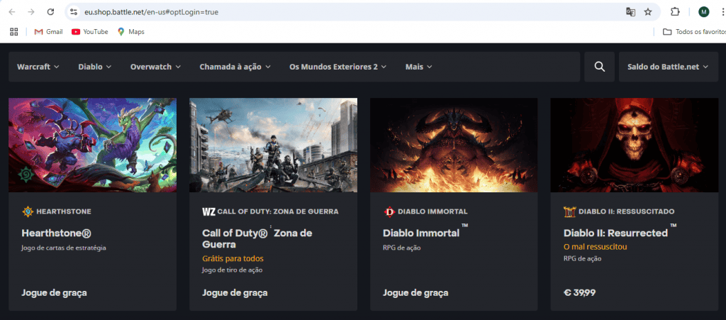 Captura de tela site oficial da Battle.net