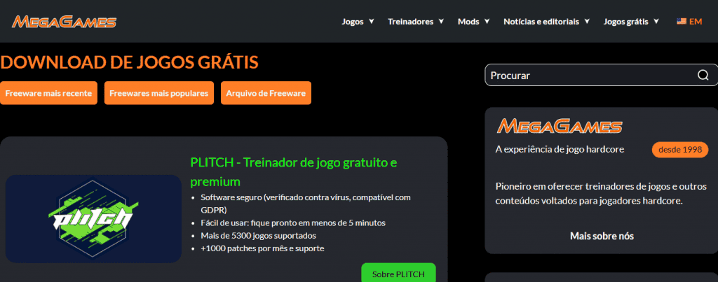 Captura de tela site oficial da MegaGames