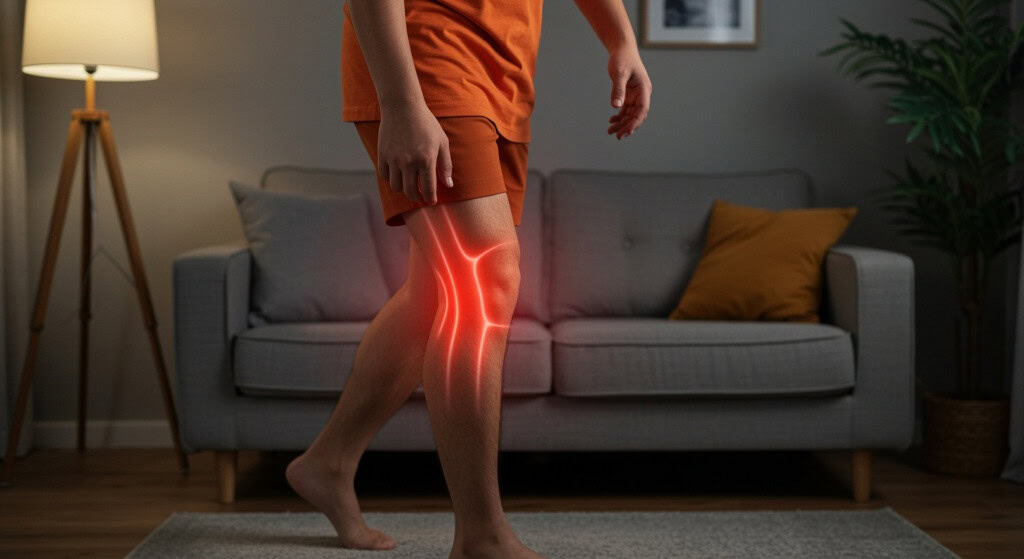 Homem anda na sala com imagem focando no joelho