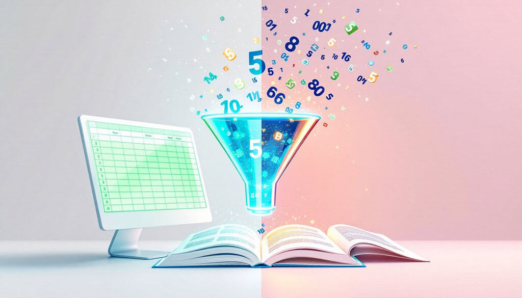 Ilustração conceitual dividida em duas partes conectadas por um funil central. À esquerda, uma tela digital exibe uma planilha de Excel com grades verdes e números, que flutuam e são sugados para dentro de um funil tecnológico azul. À direita, o funil despeja o conteúdo transformado sobre um livro aberto, onde os dados se convertem em texto narrativo e ilustrações