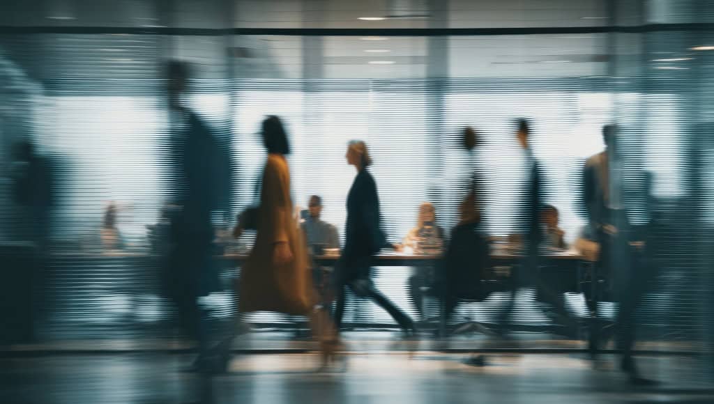 Pessoas caminham em um ambiente de trabalho.