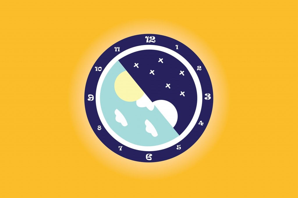 Ilustração de relógio representando o ciclo circadiano entre dia e noite